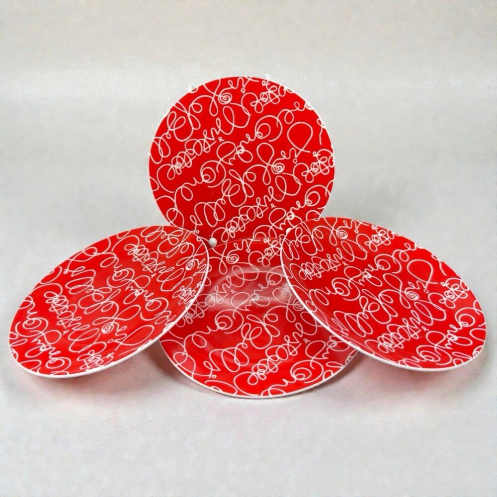 Crate & Barrel Artwork Script Christmas‎ Holiday Dish Plate Set 4 Plates 6.5inch